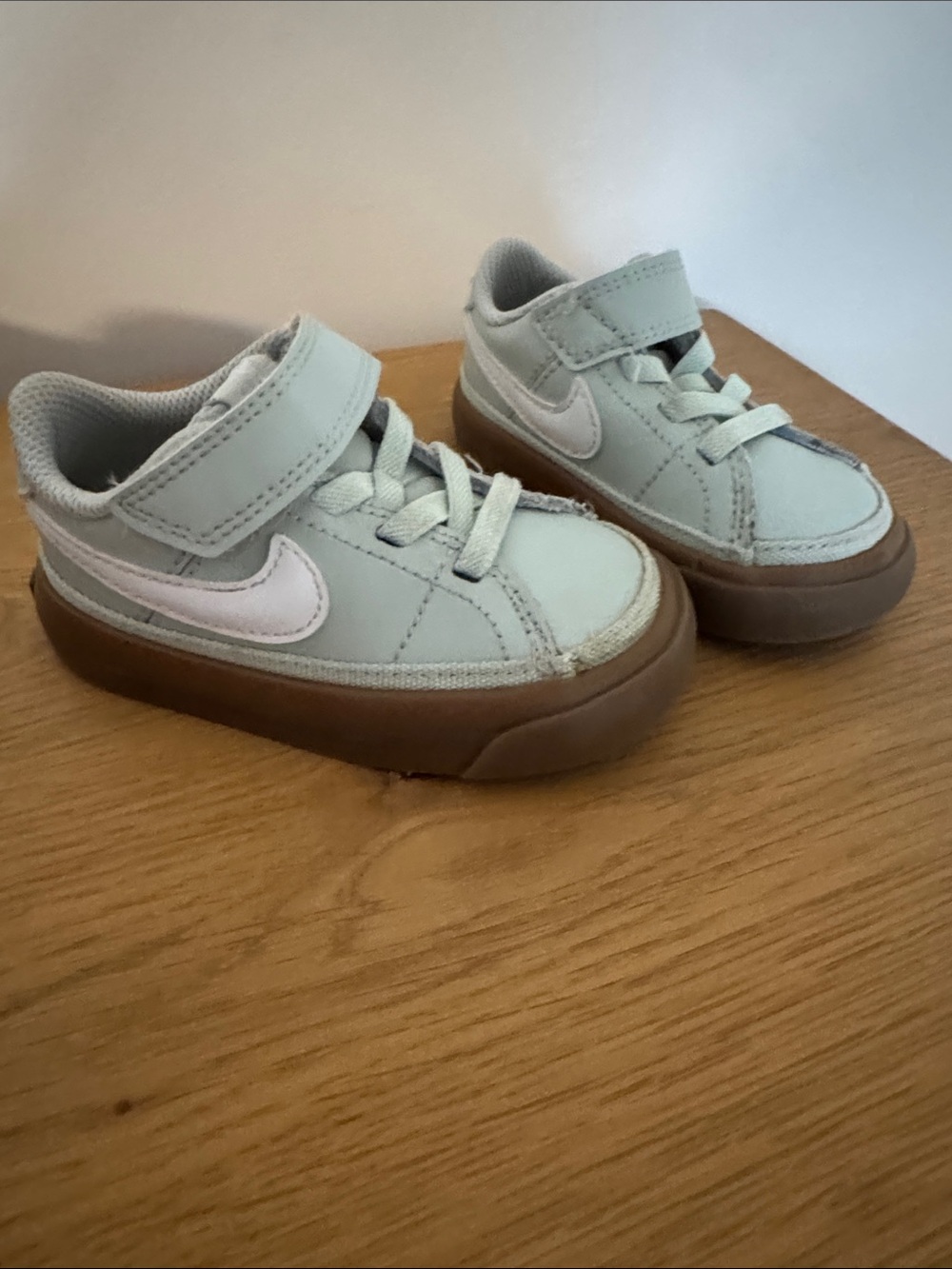 Nike Kids Mint Green and White Swoosh Sneakers with Brown Gum Sole
